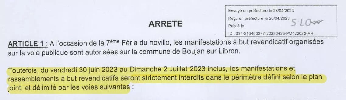 COLBAC_Extrait arrêté municipal Boujan interdisant les manifs autour des arènes pendant la feria Toros y Campo_26 avril 2023