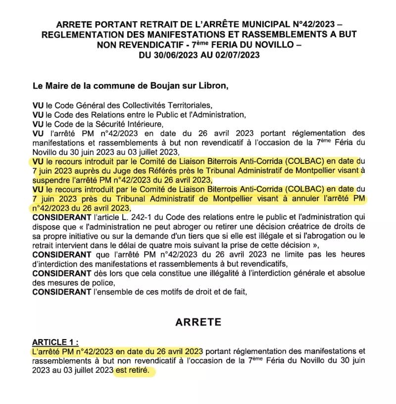 COLBAC_Extrait arrêté municipal Boujan portant retrait de l'arrêté d'interdiction_13 juin 2023